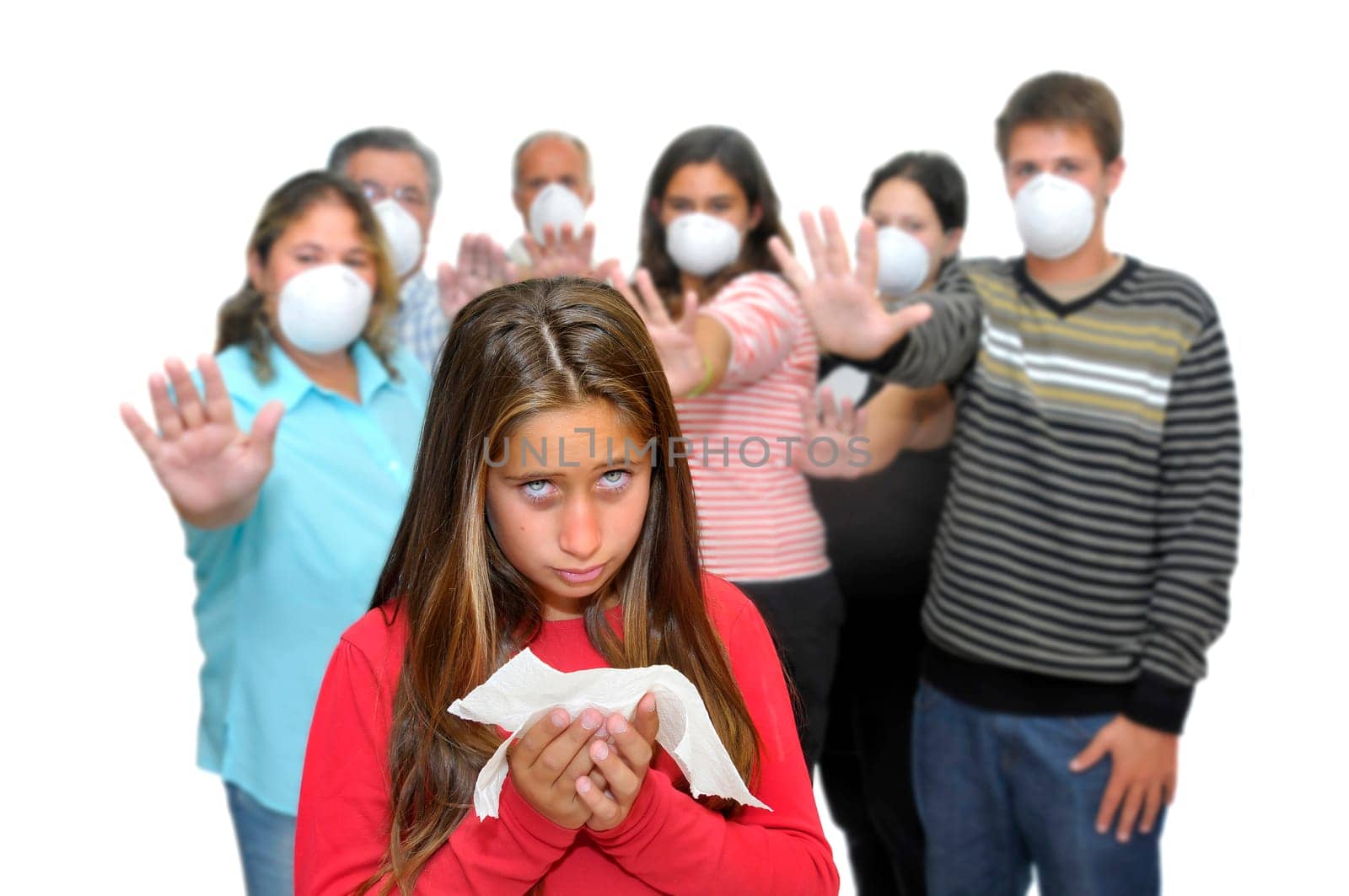 Big group of people with masks and one isolated sick child with the flu