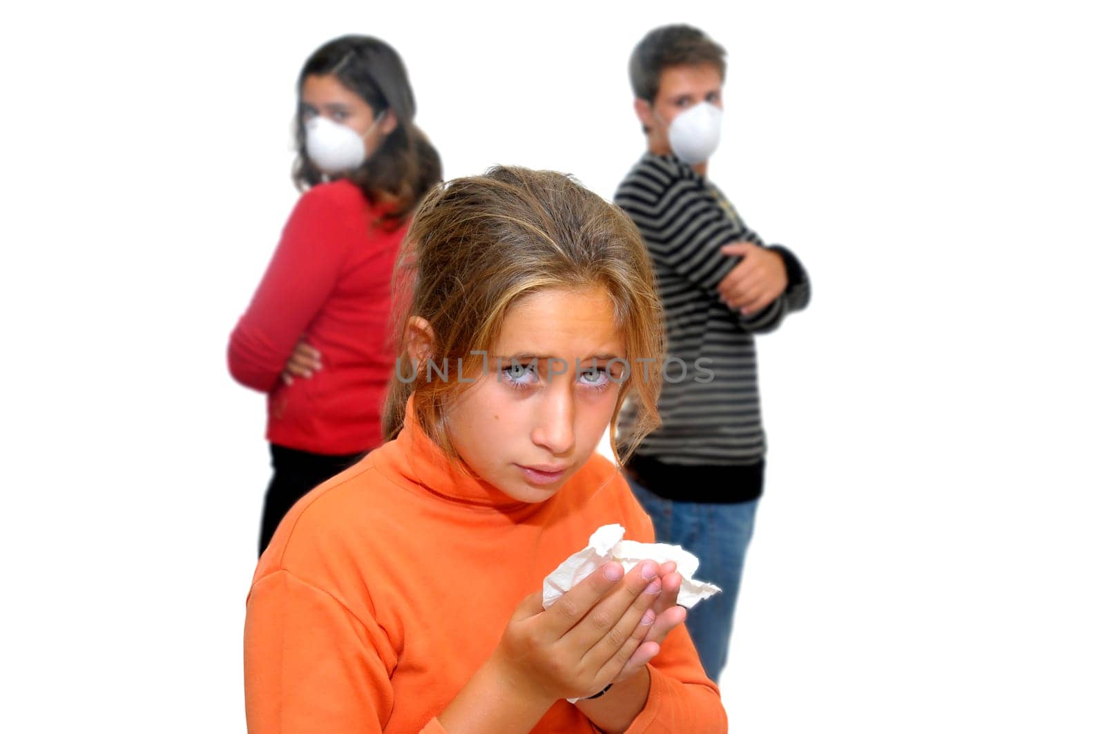 Group of children with masks against the flu and one already sick