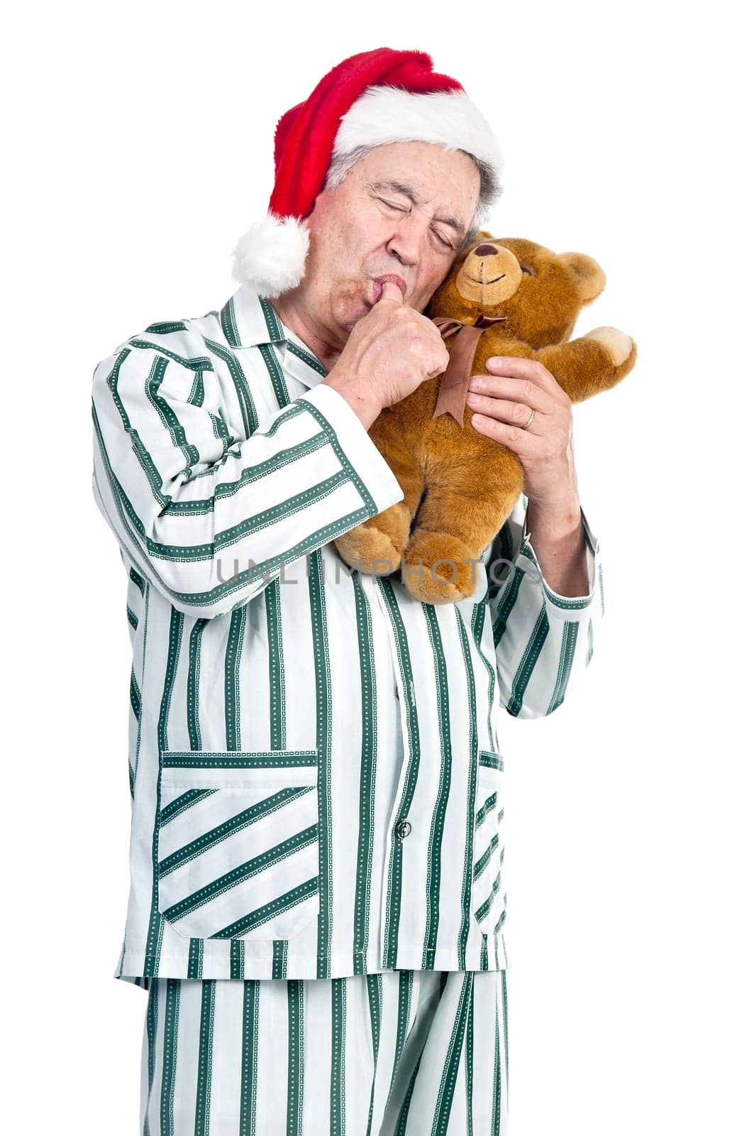 Happy senior with Christmas hat and gift box