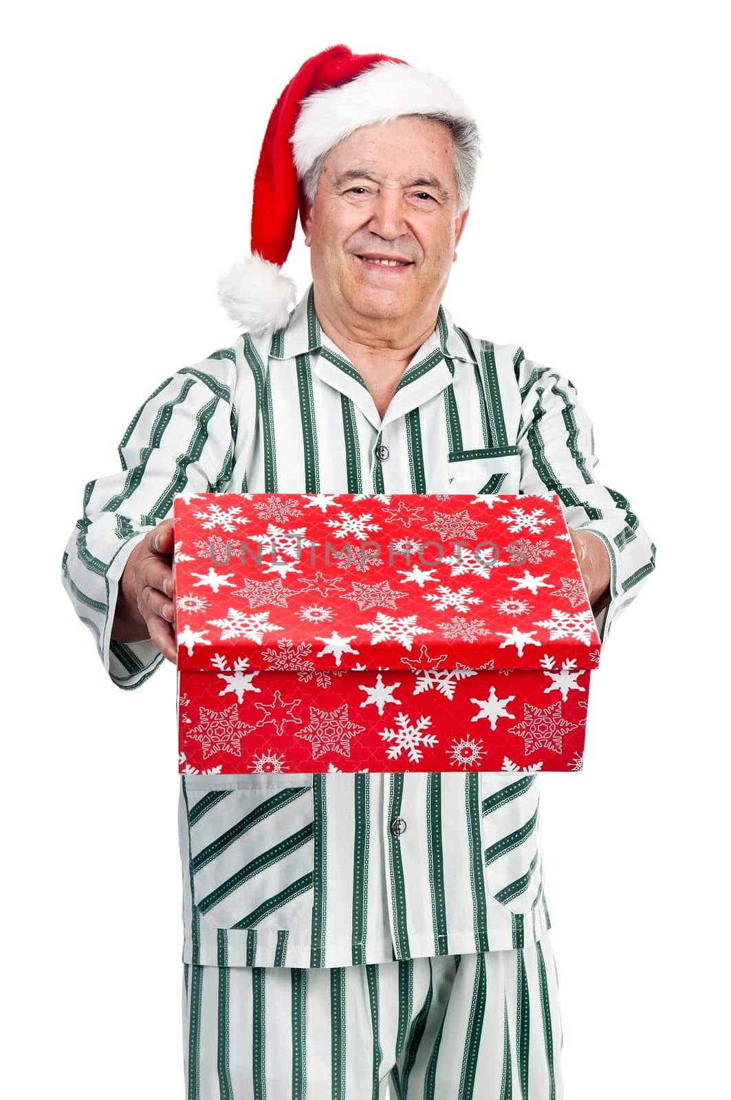 Happy senior with Christmas hat and gift box