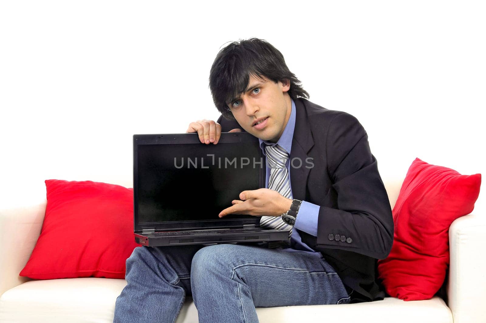 Business man with laptop isolated in white
