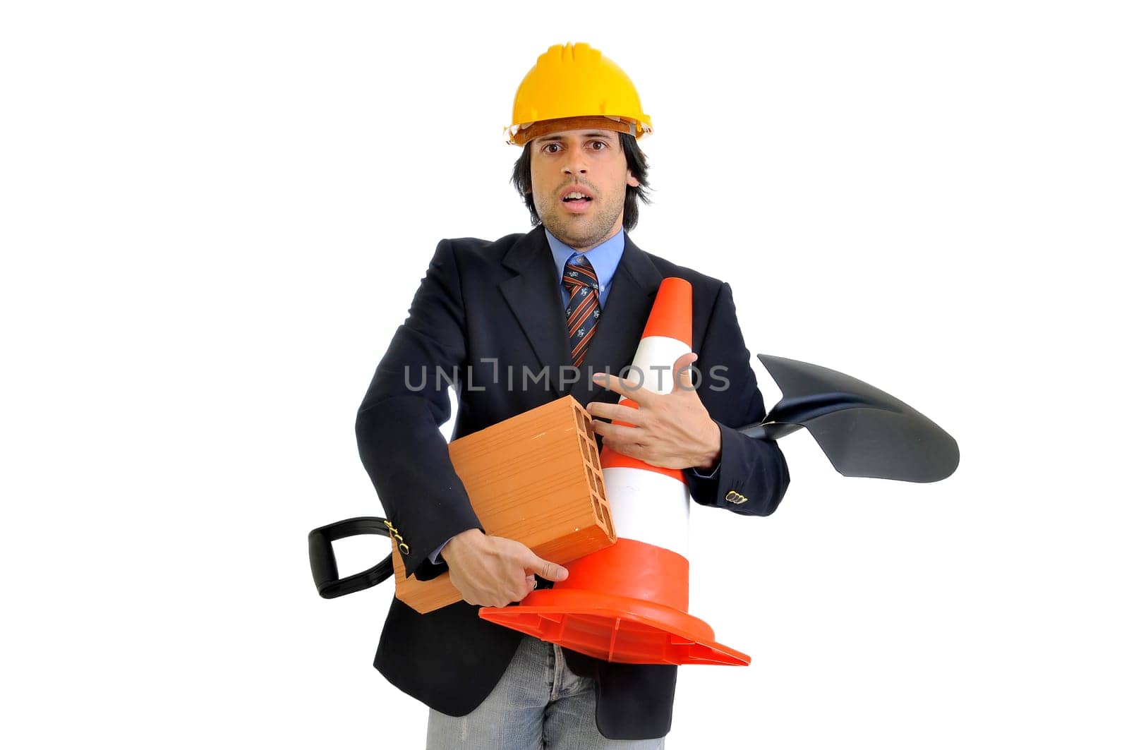 Engineer with helmet isolated in white