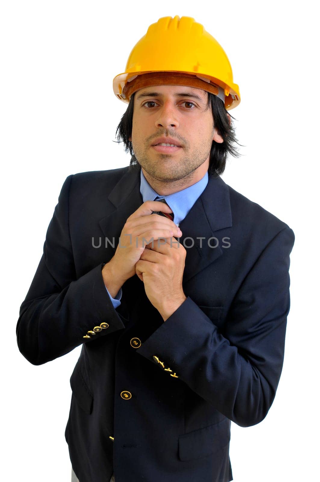 Young engineer with hat isolated in white