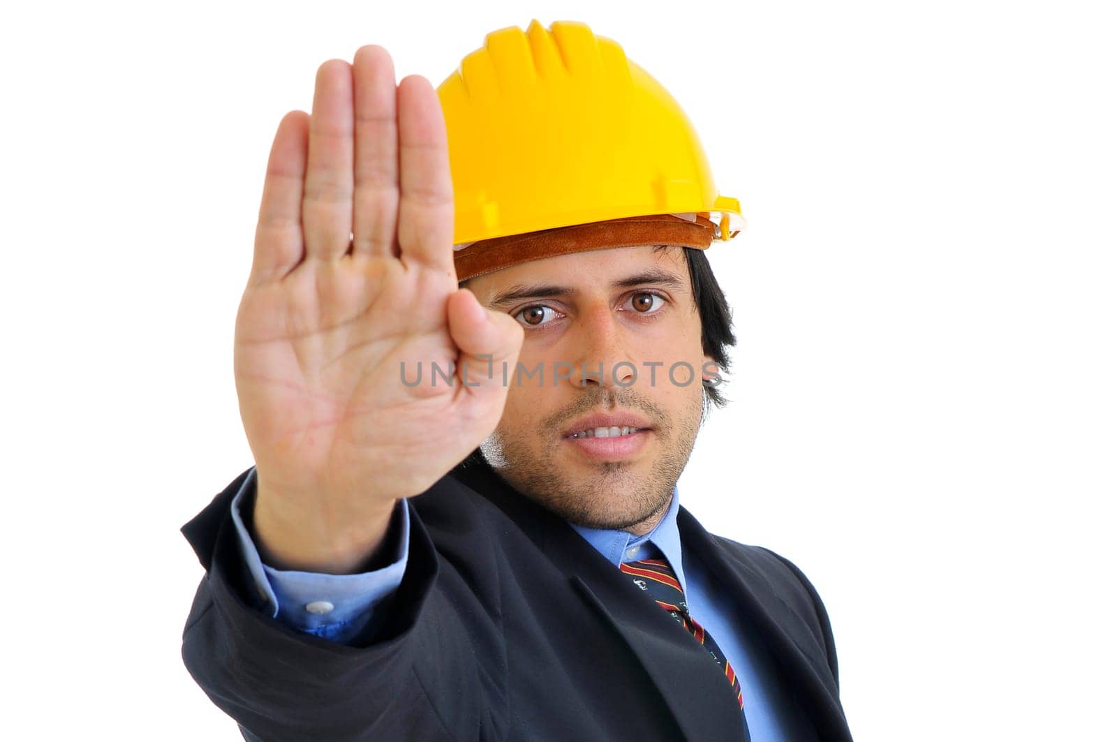 Engineer with helmet isolated in white