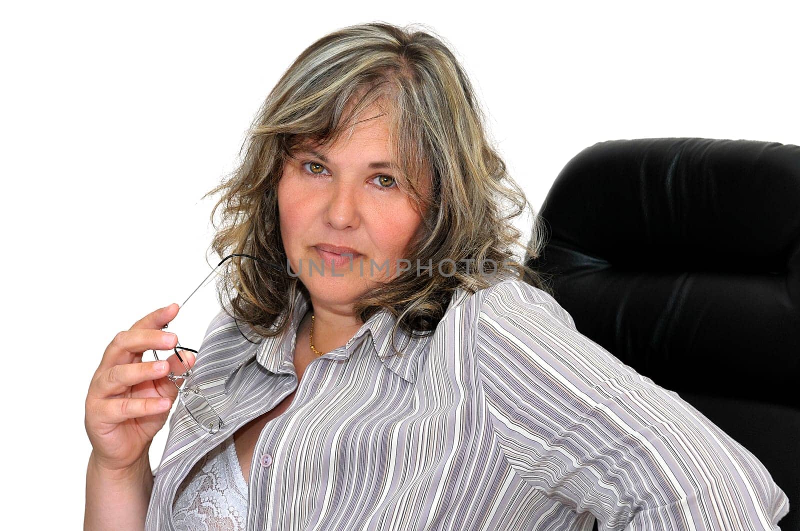 Mature woman posing isolated in white