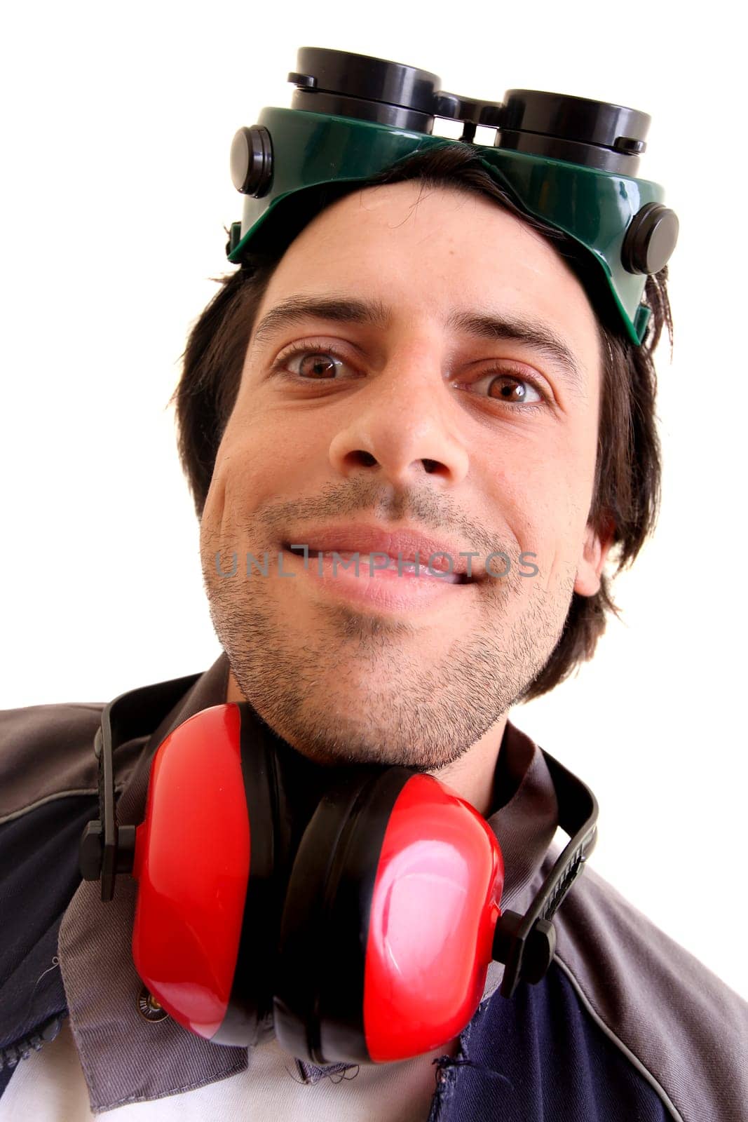 Construction worker closeup isolated in white