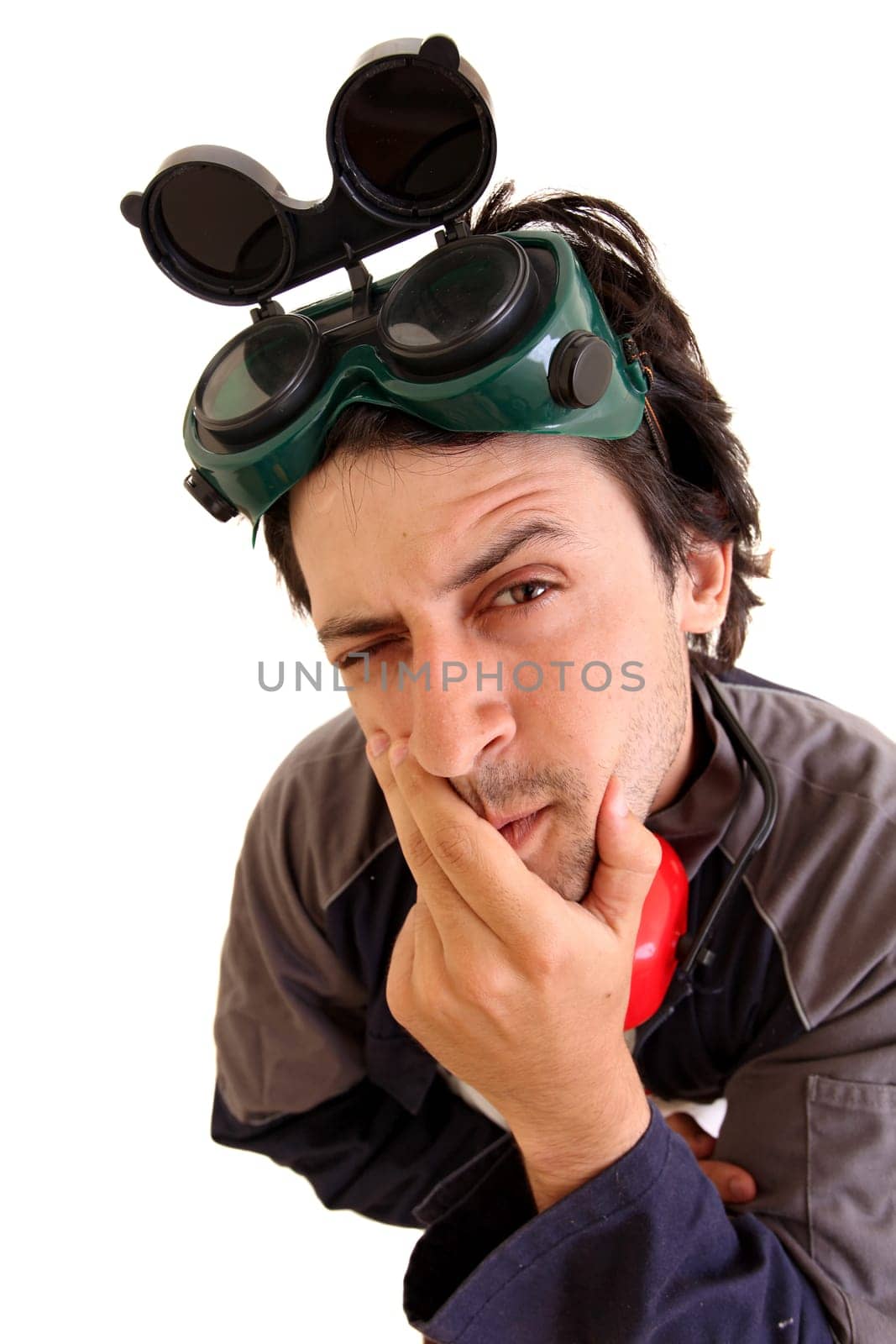 Construction worker closeup isolated in white