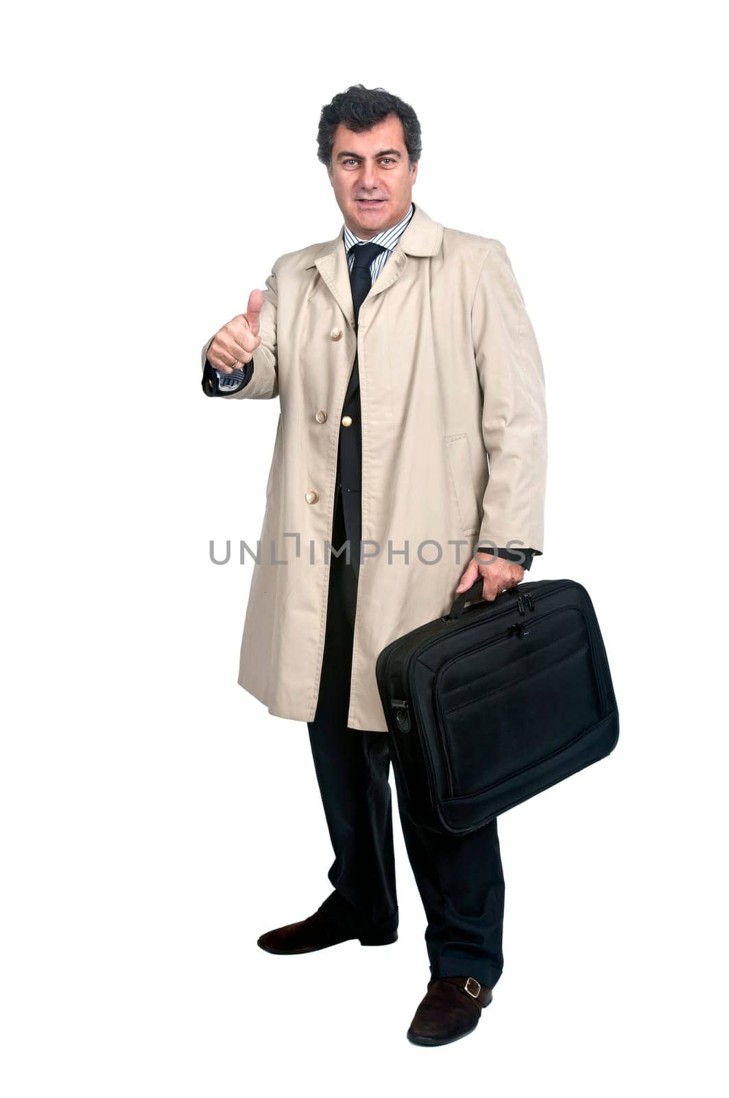 Businessman with computer case isolated in white
