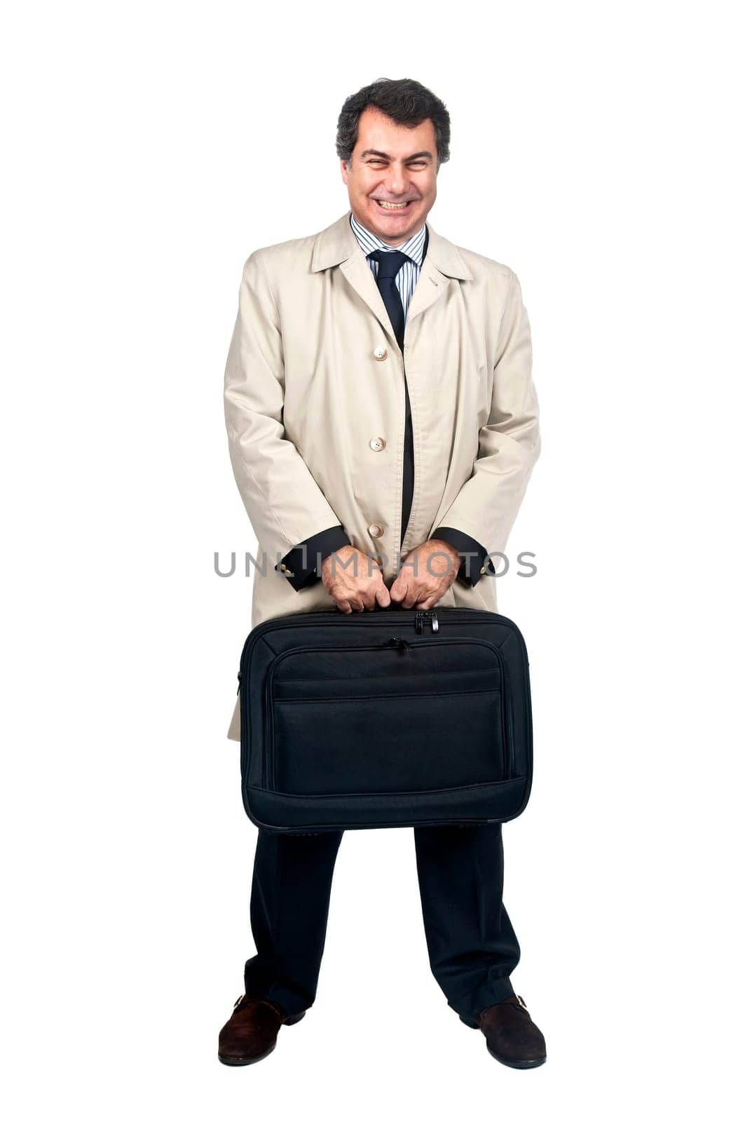 Businessman with computer case isolated in white