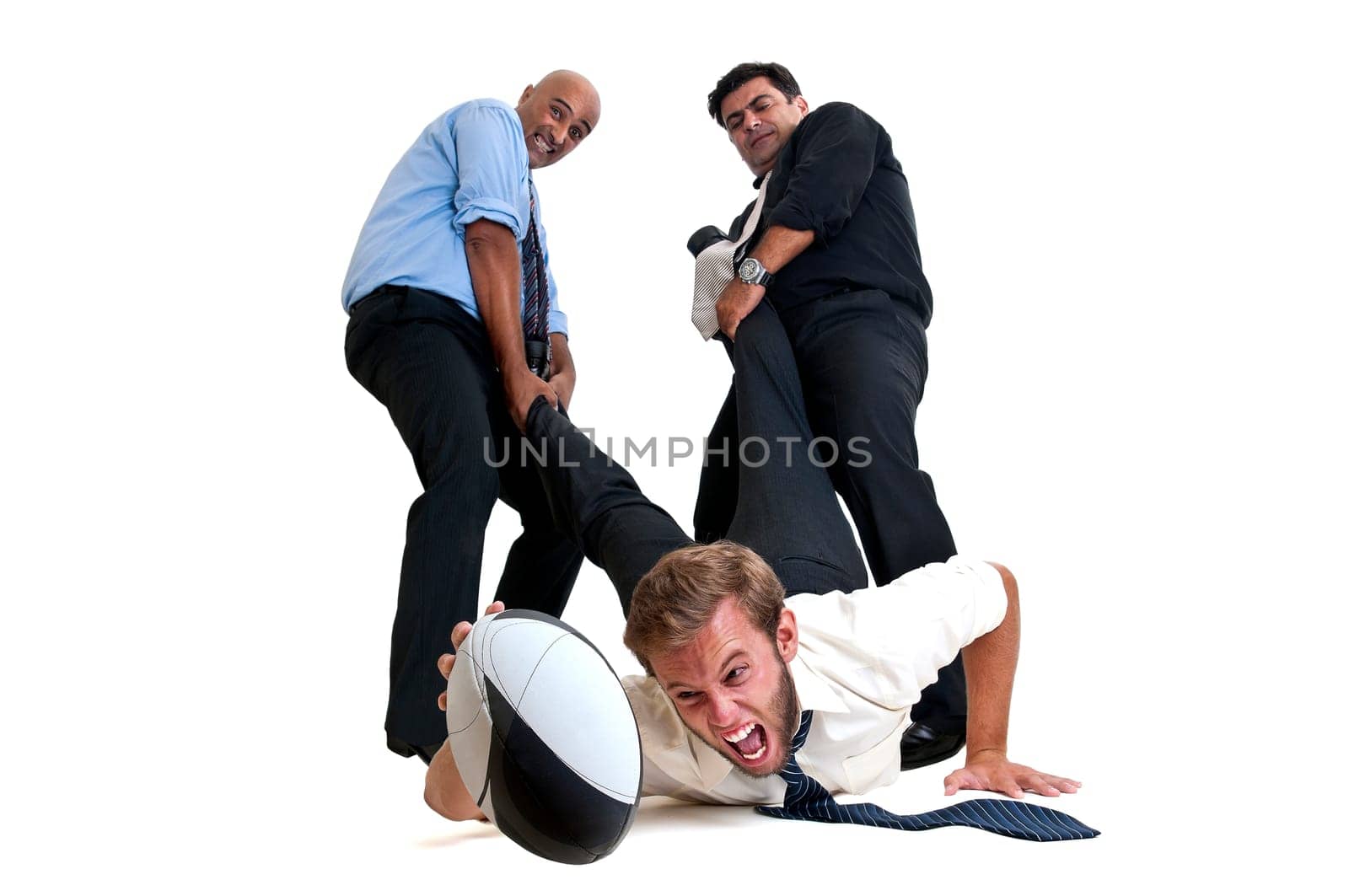 Businessmen playing rugby isolated in white