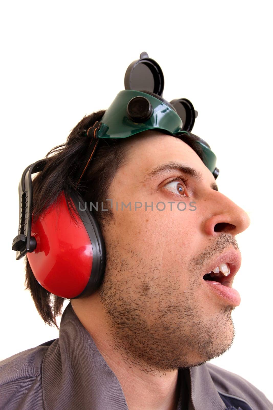 Construction worker closeup isolated in white