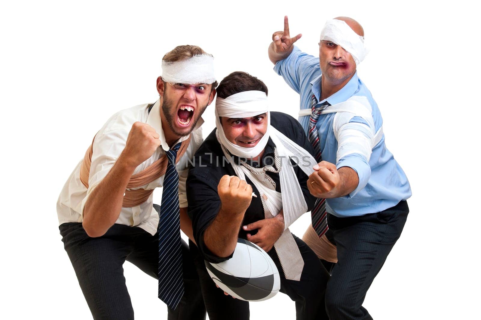 Group of injured businessmen after a rugby game