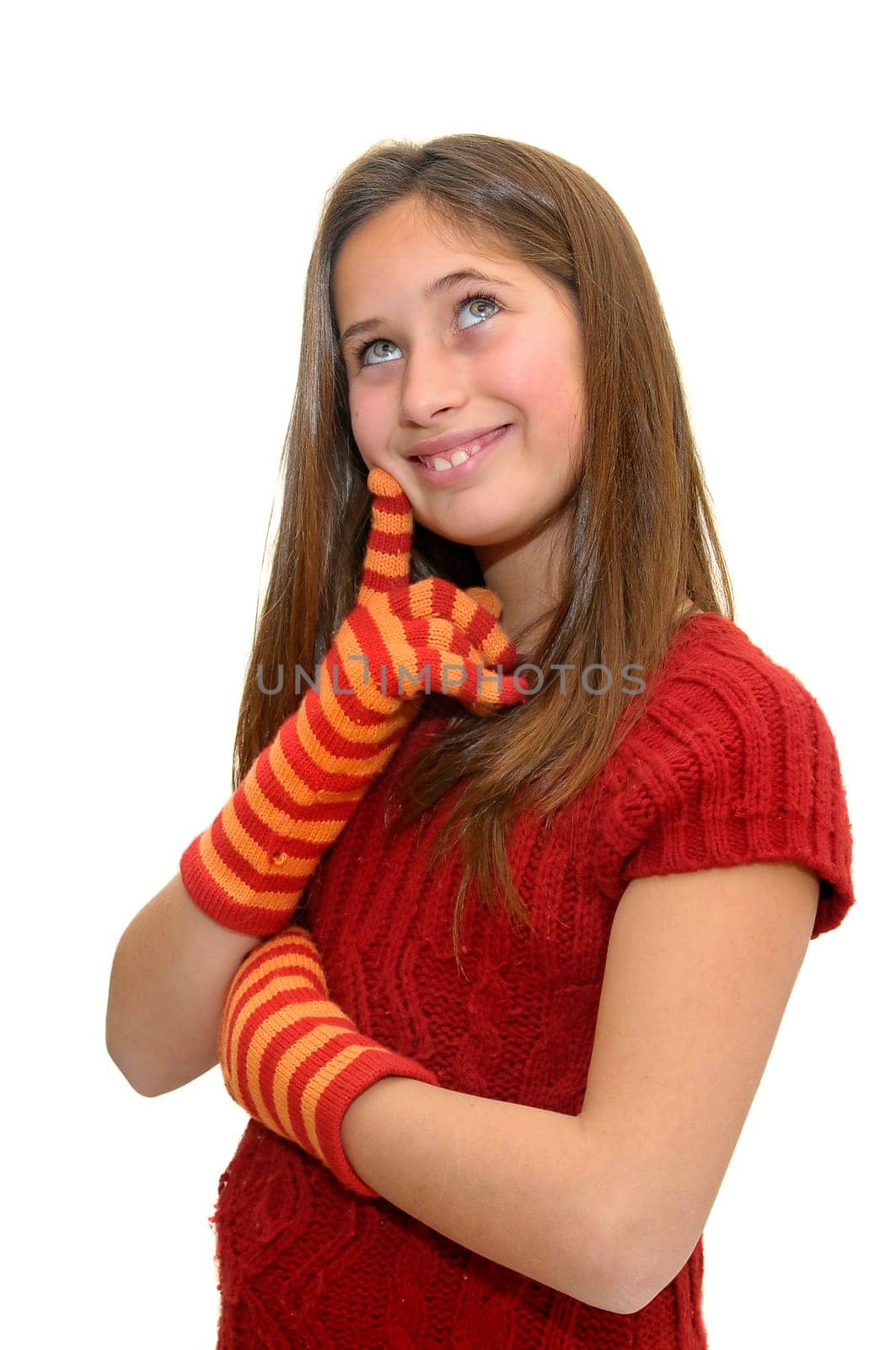 Beautiful girl with gloves isolated in white