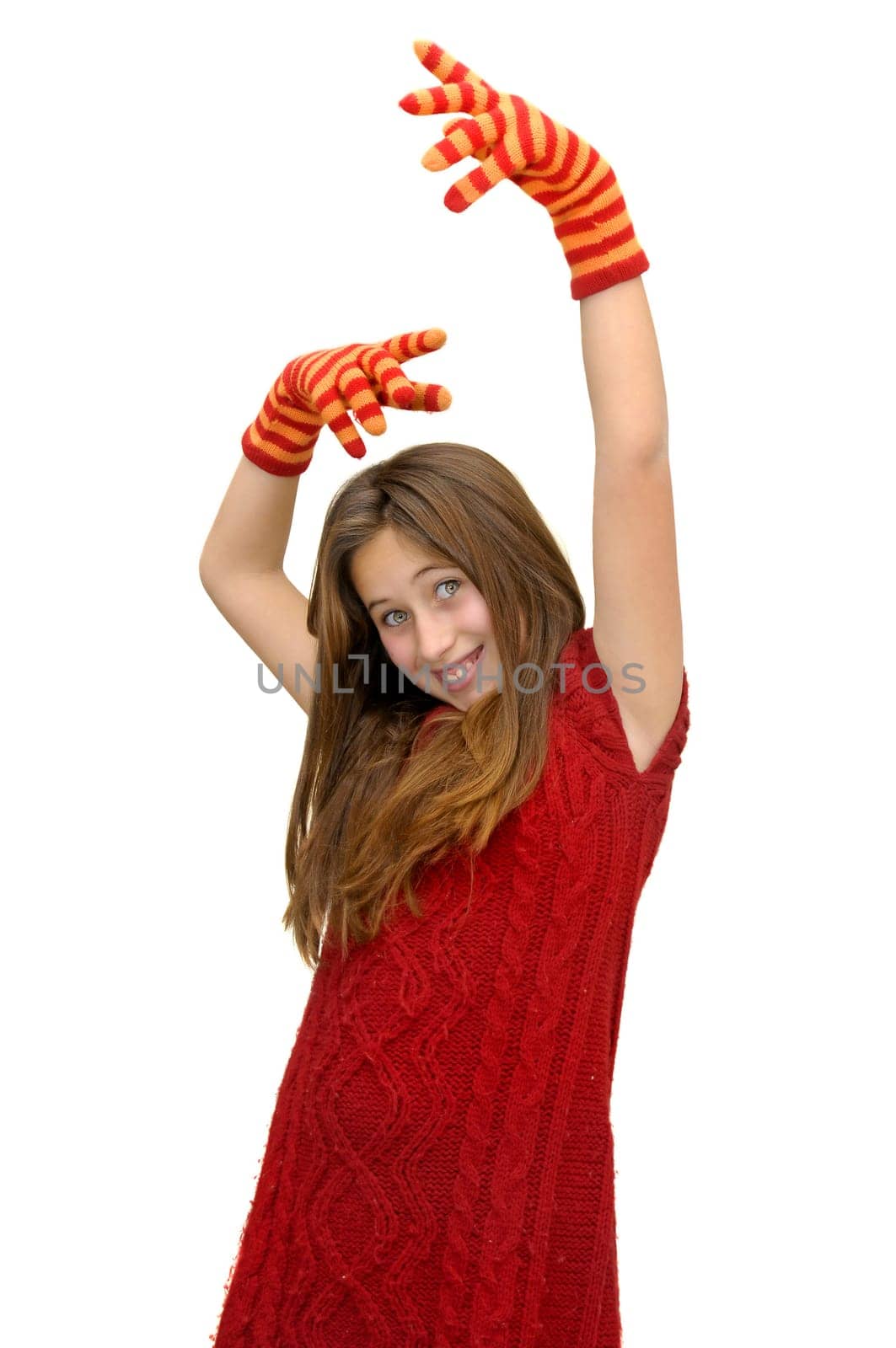 Beautiful girl with gloves isolated in white
