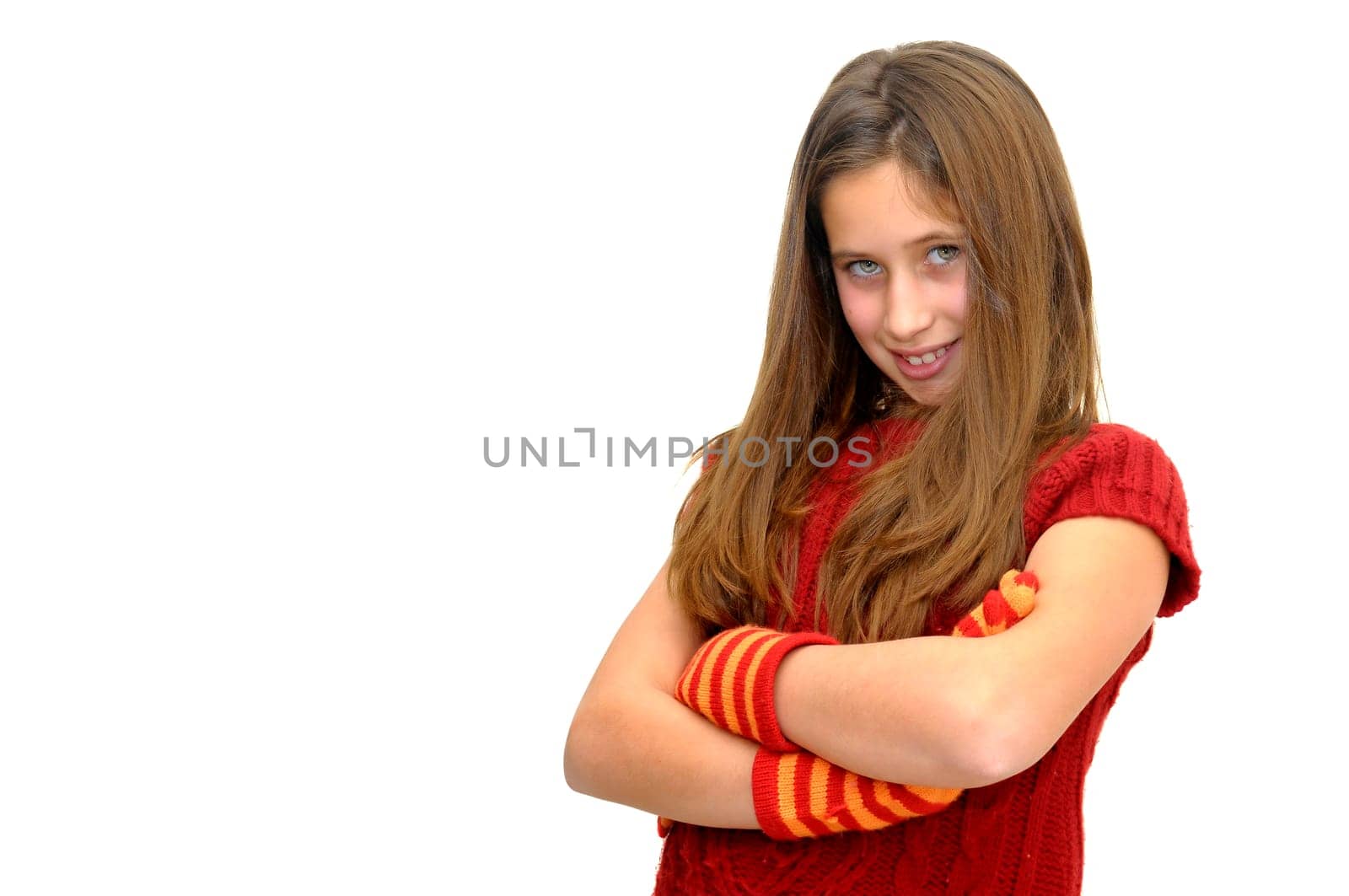 Beautiful girl with gloves isolated in white