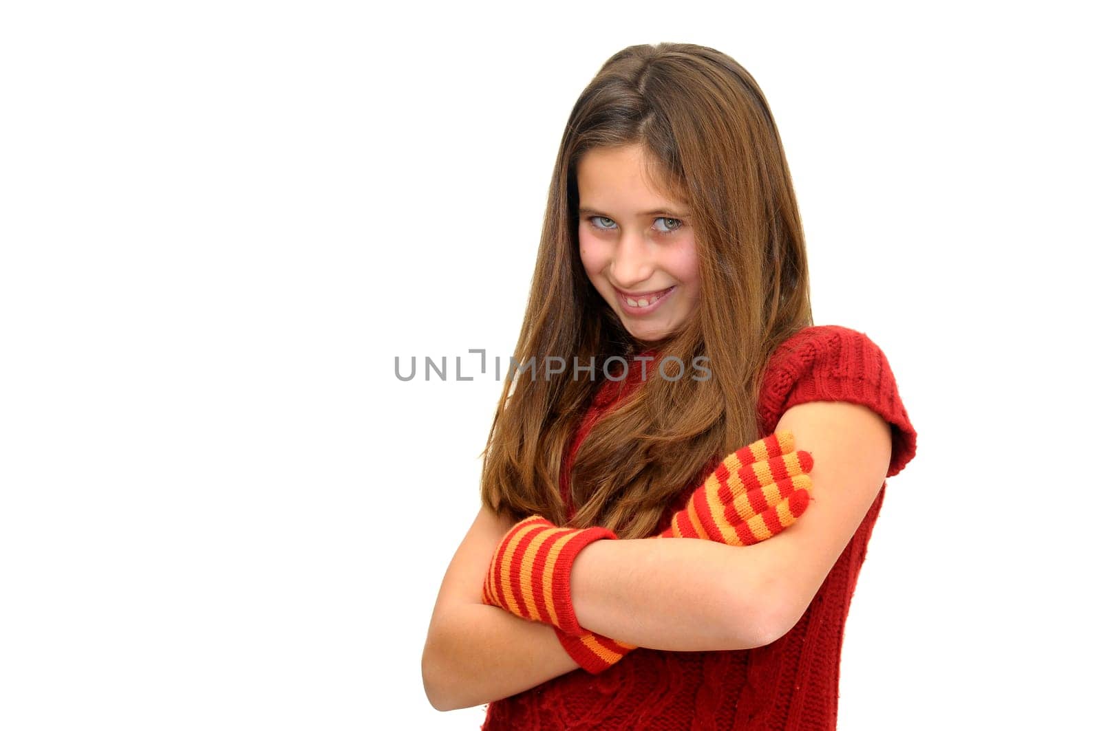 Beautiful girl with gloves isolated in white