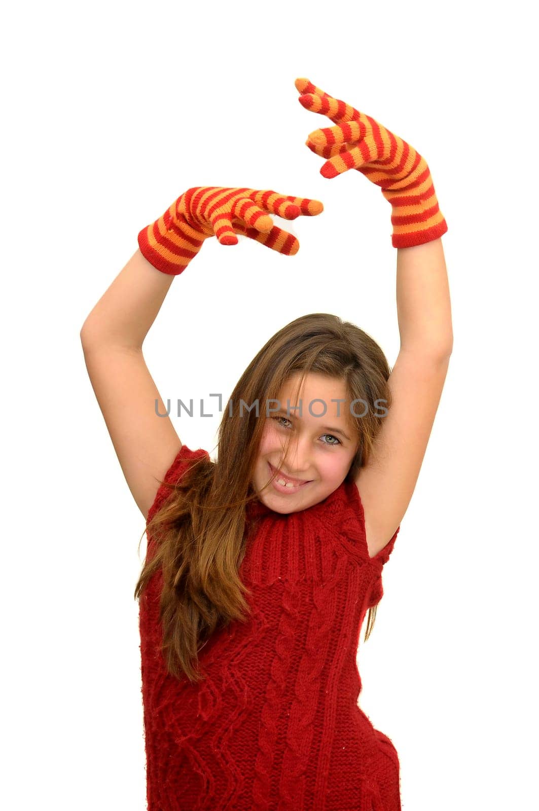 Beautiful girl with gloves isolated in white