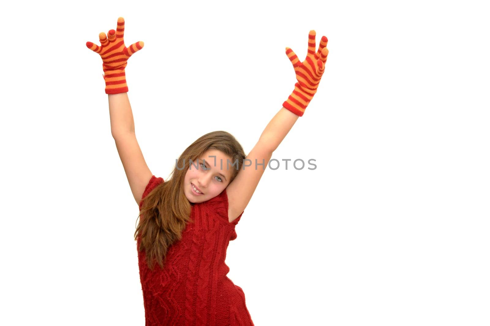 Beautiful girl with gloves isolated in white