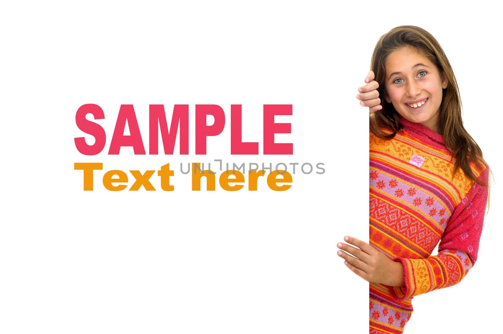 Beautiful young girl posing behind a white card isolated against a white background
