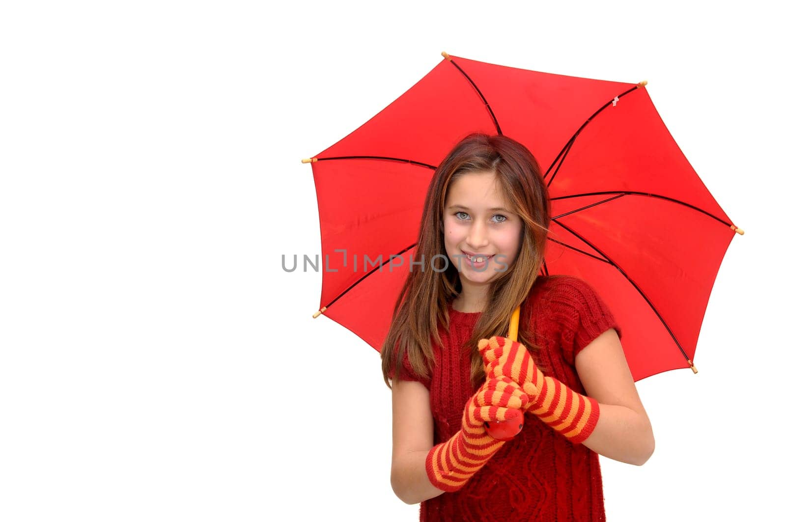 Beautiful girl with umbrella isolated in white