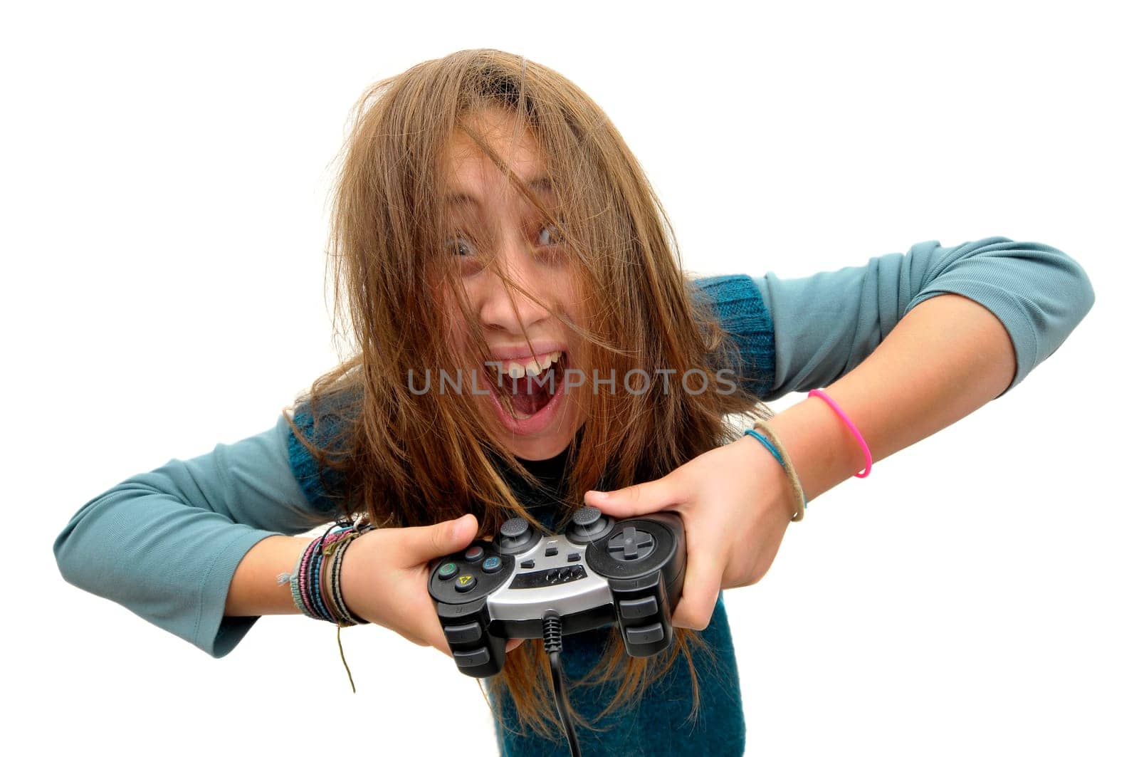Stressed young girl playing console games