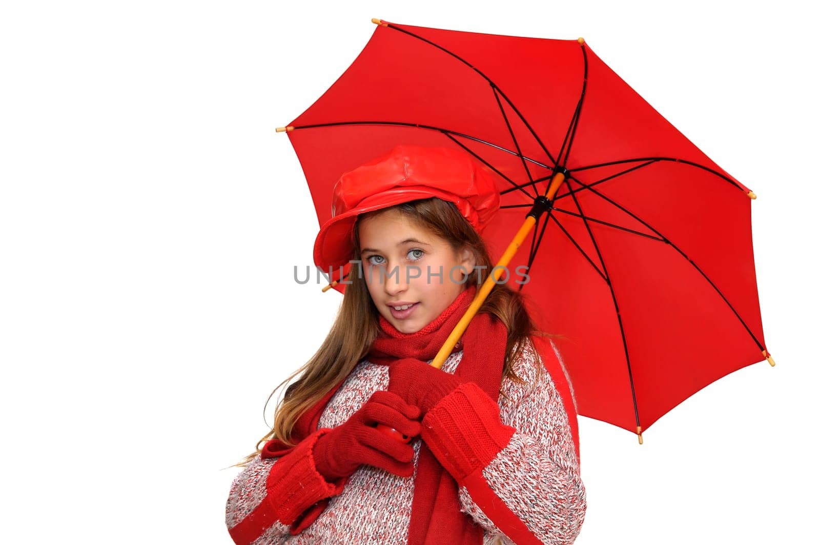 Beautiful young girl with red umbrella isolated in white