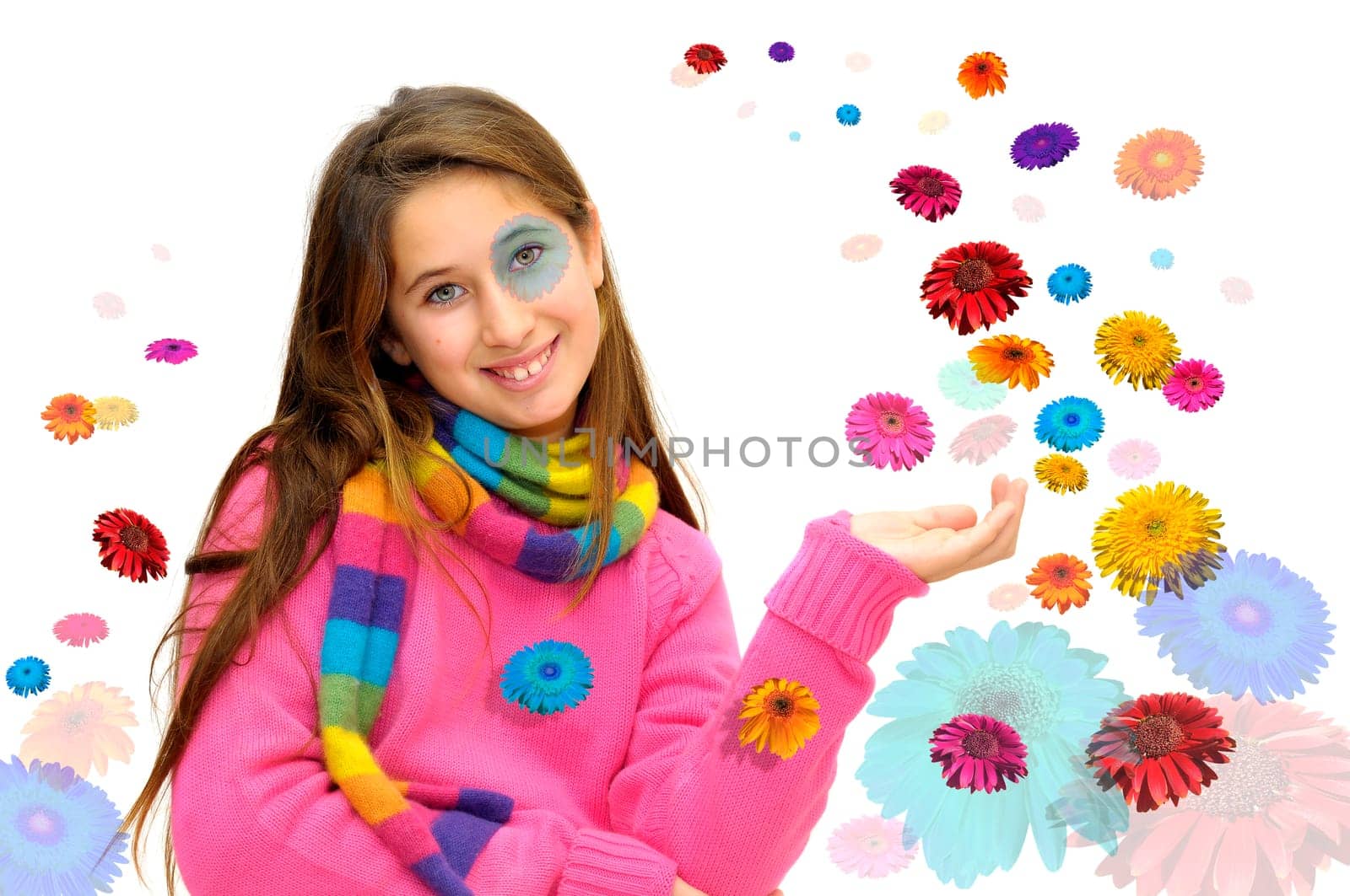 Beautiful young girl posing with flowers all around isolated in white