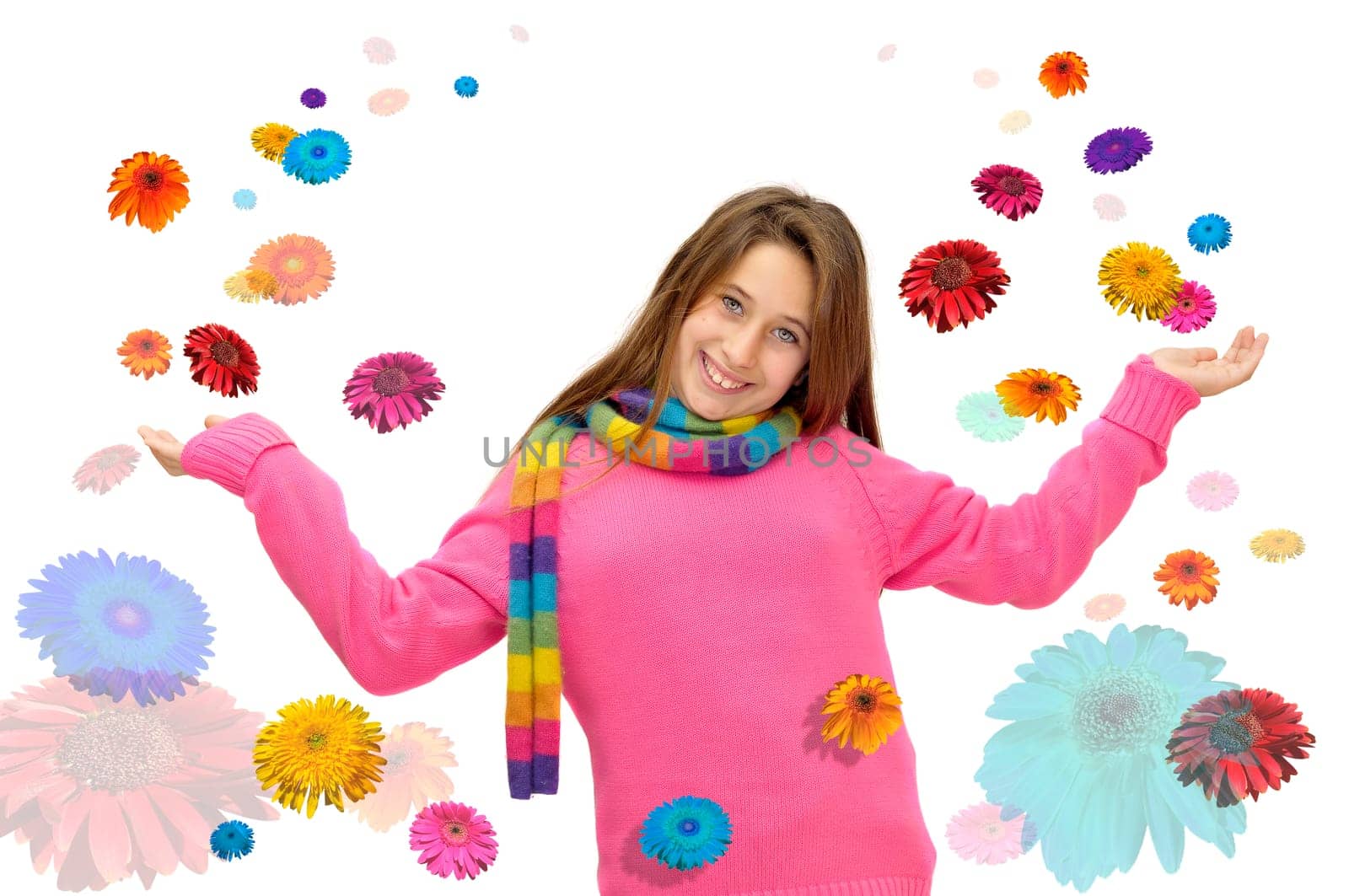 Beautiful young girl posing with flowers all around isolated in white