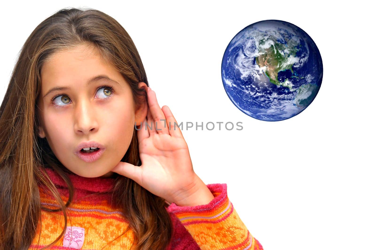Beautiful young girl listenning the planet