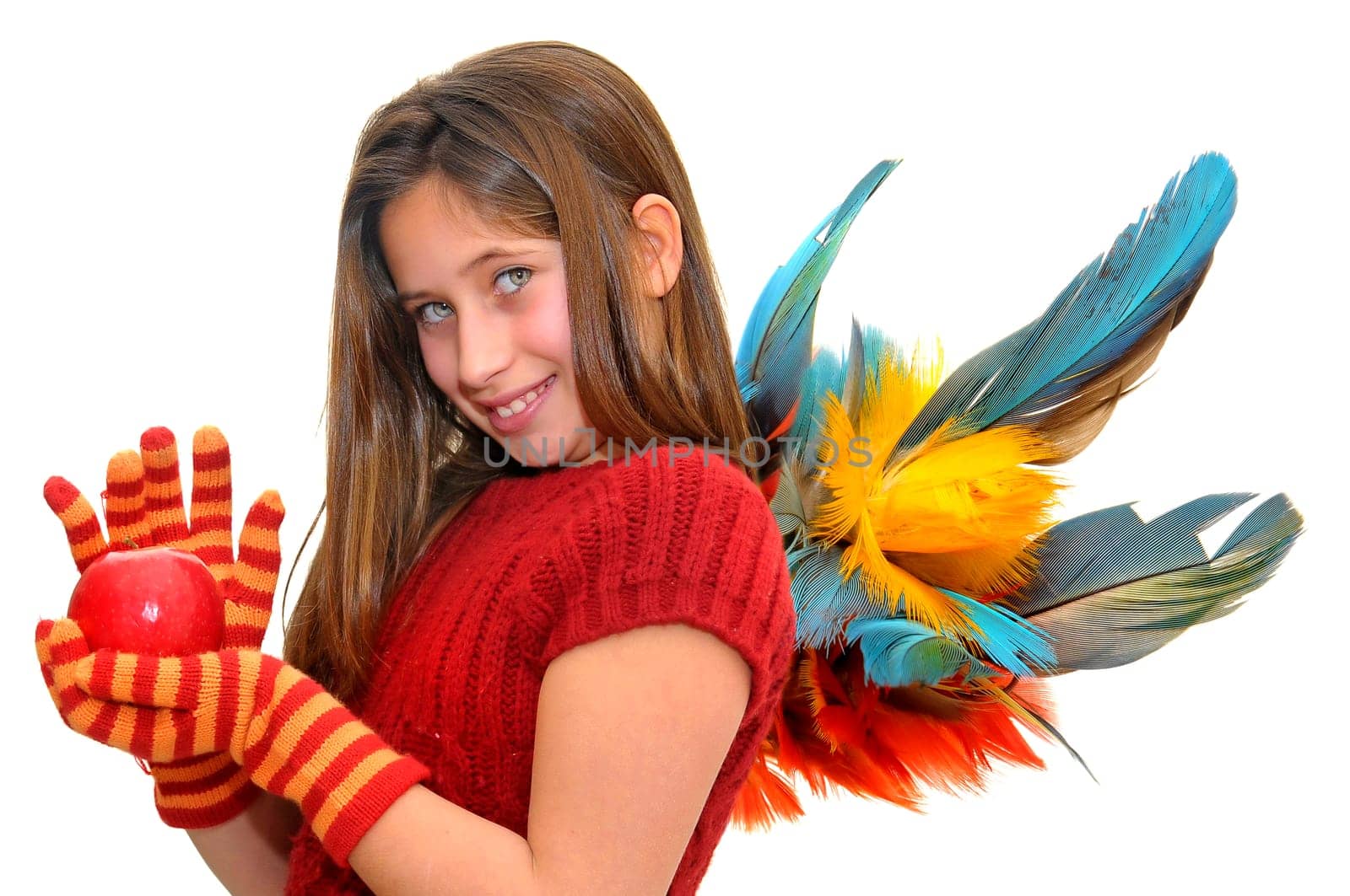 Beautiful girl with apple and wings isolated in white