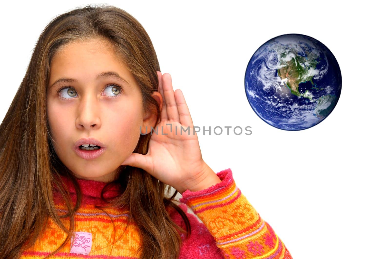 Beautiful young girl listening the planet isolated against a white background