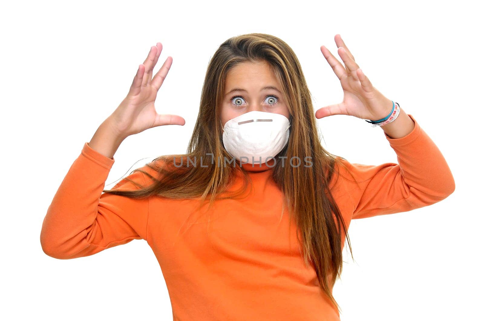Young girl with mask against flu, isolated in white