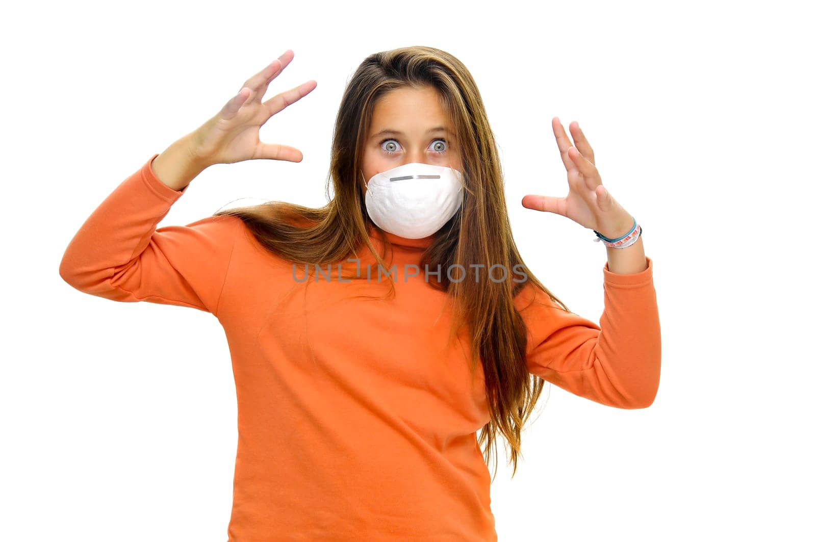 Young girl with mask against flu, isolated in white