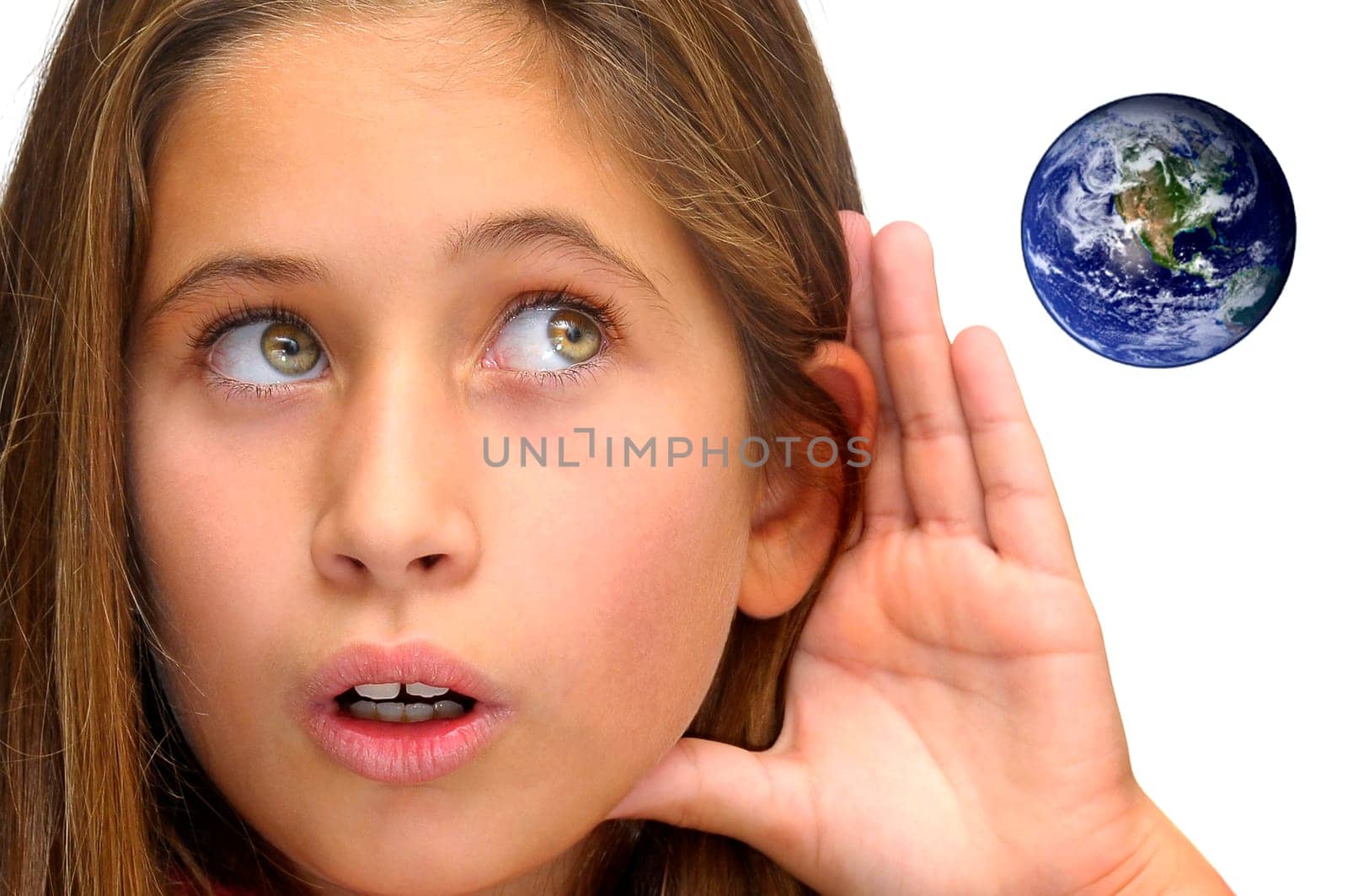 Beautiful young girl listening the planet isolated against a white background