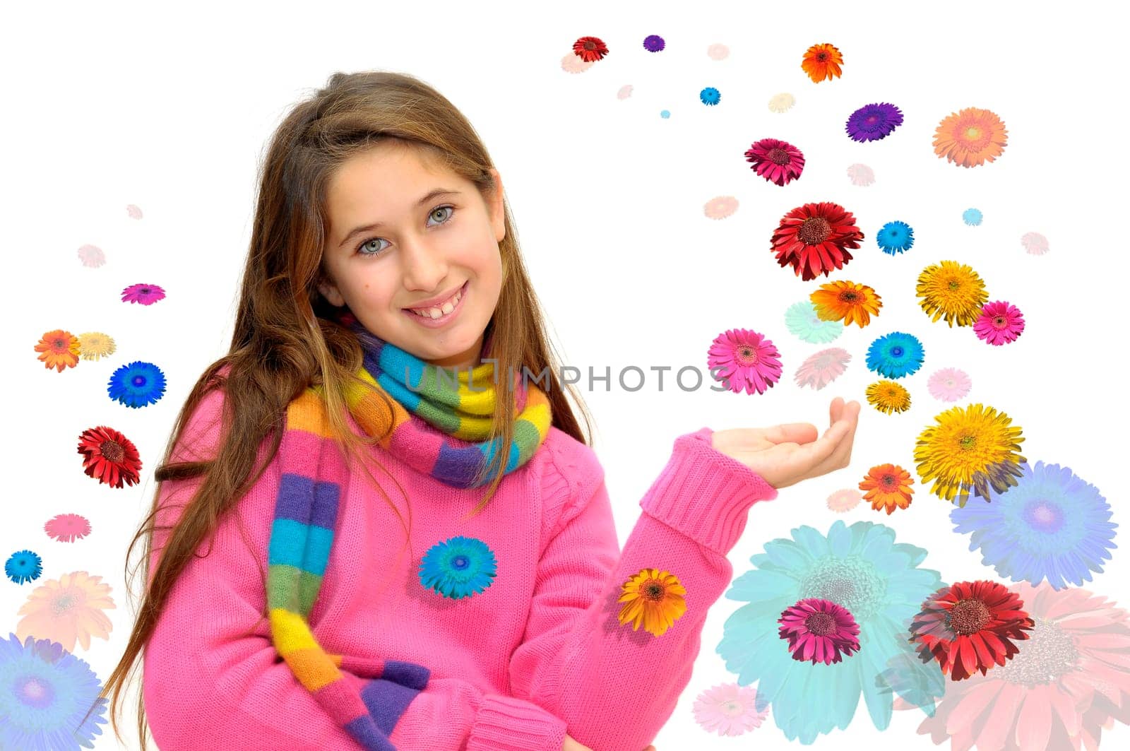 Beautiful young girl posing with flowers all around isolated in white