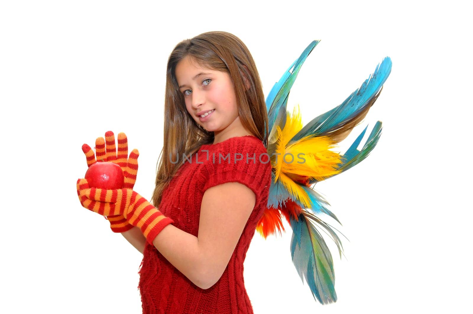 Beautiful girl with apple and wings isolated in white