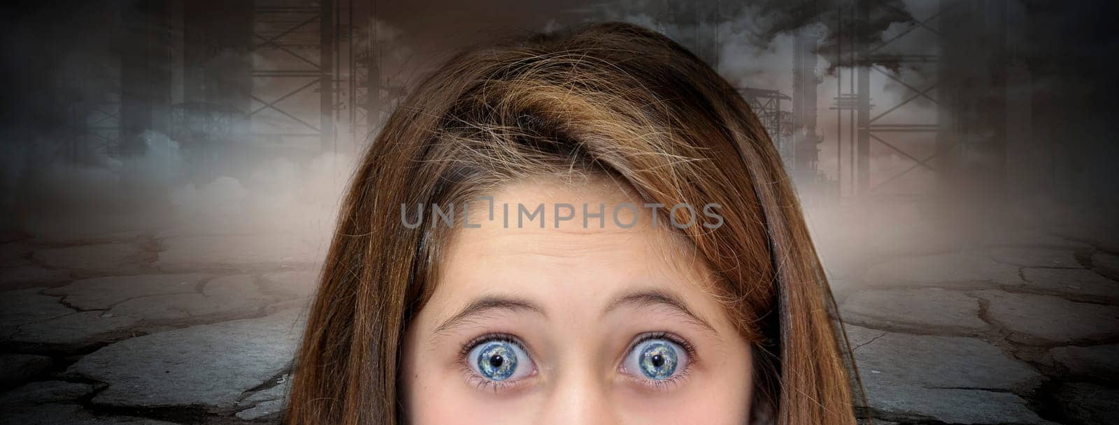 Young girl with planet eyes full of pollution fear