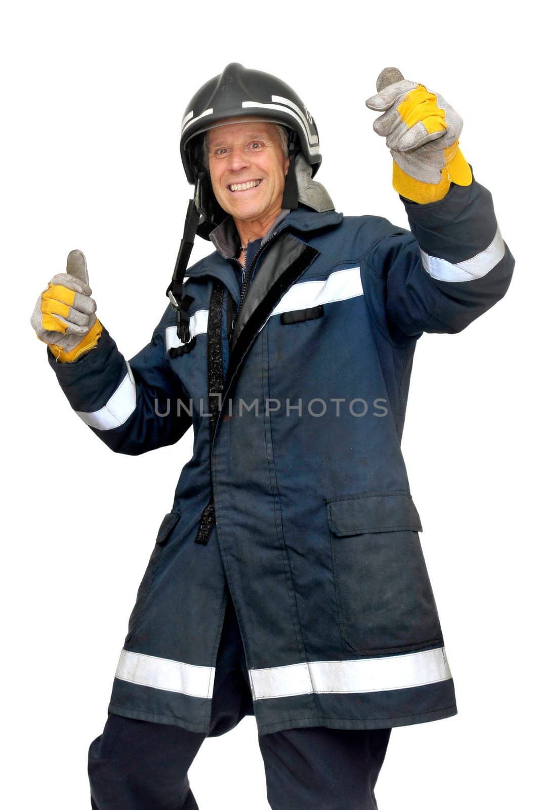 Fireman in uniform isolated in white