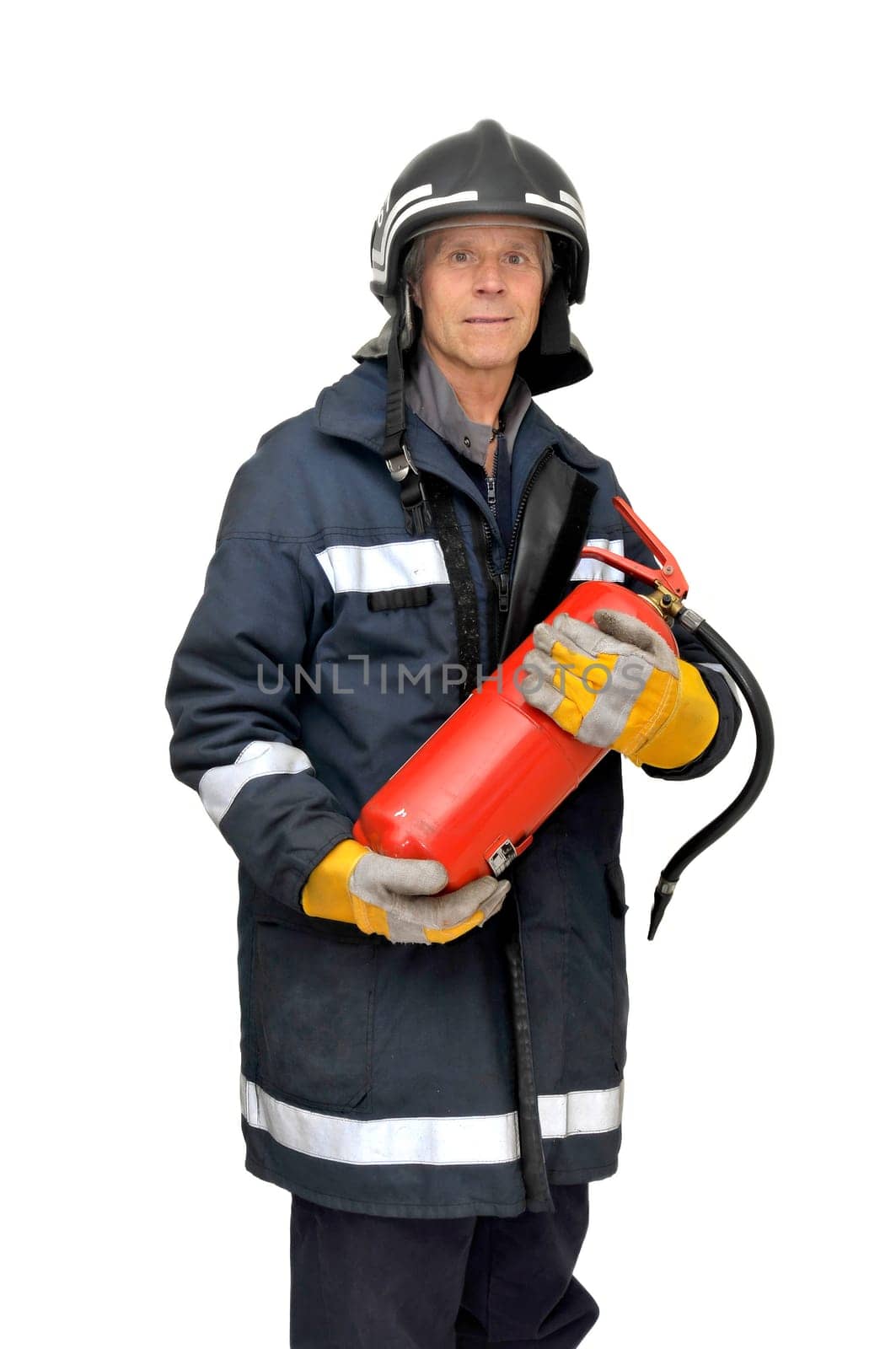 Fireman in uniform isolated in white