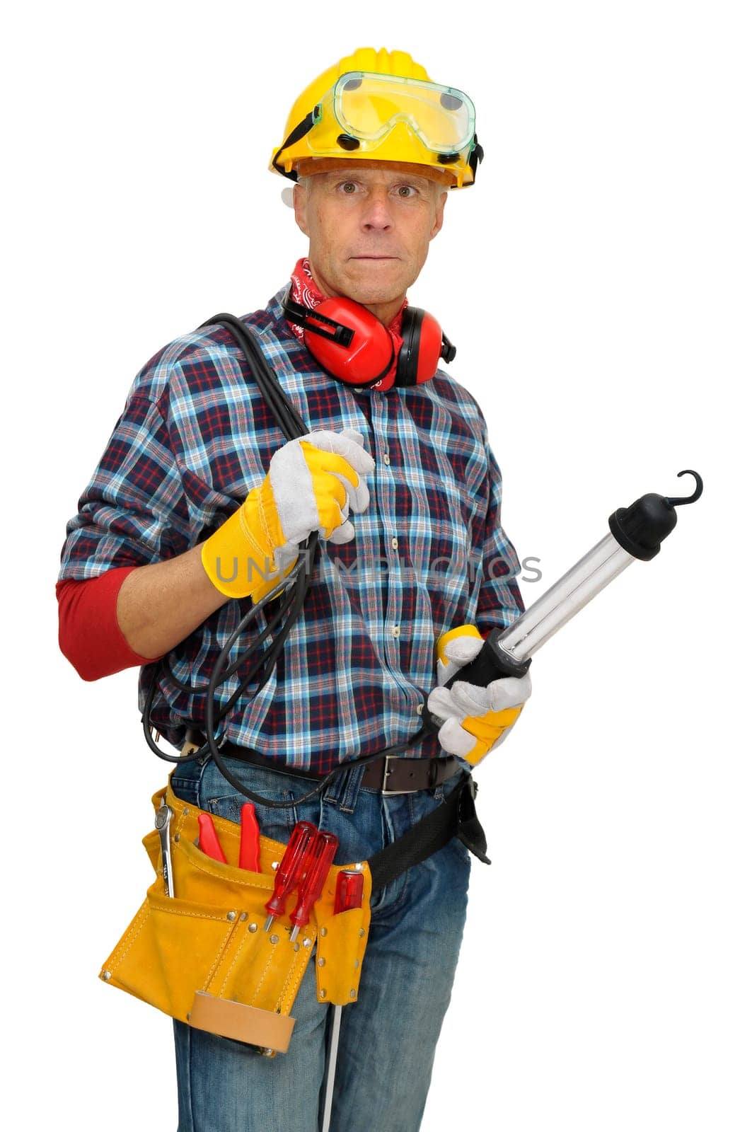 Mature construction worker isolated in white