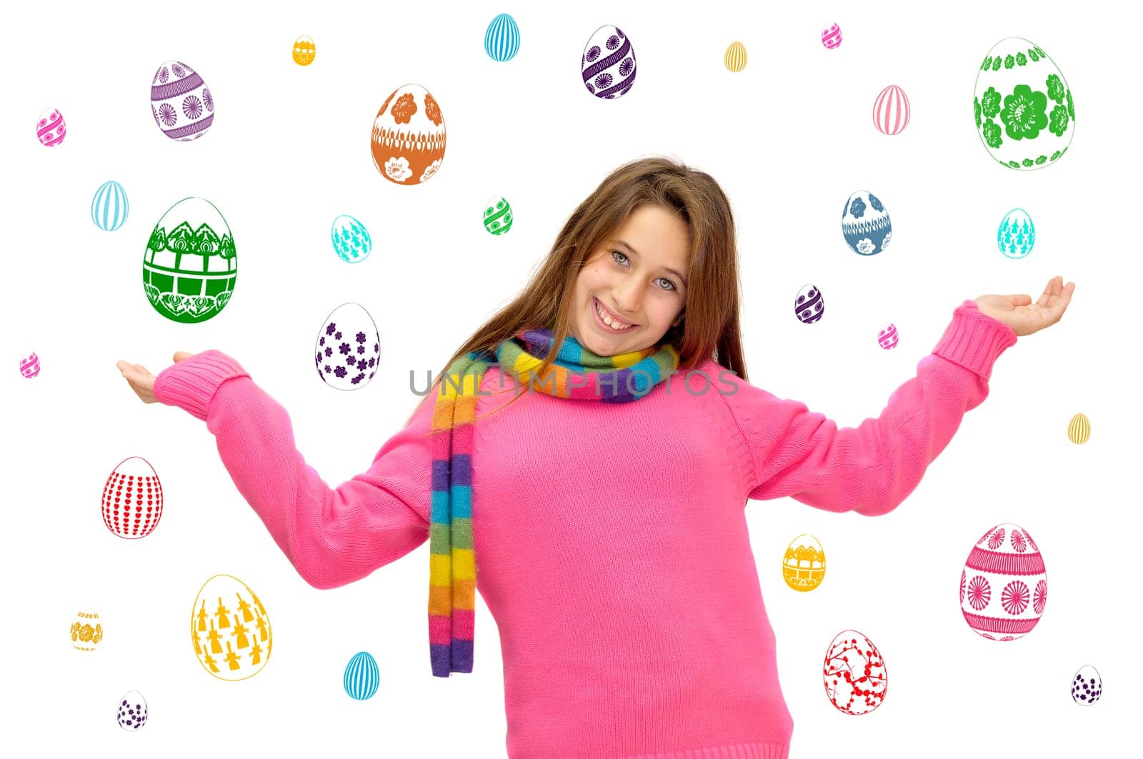 Beautiful young girl in Easter with eggs isolated in white