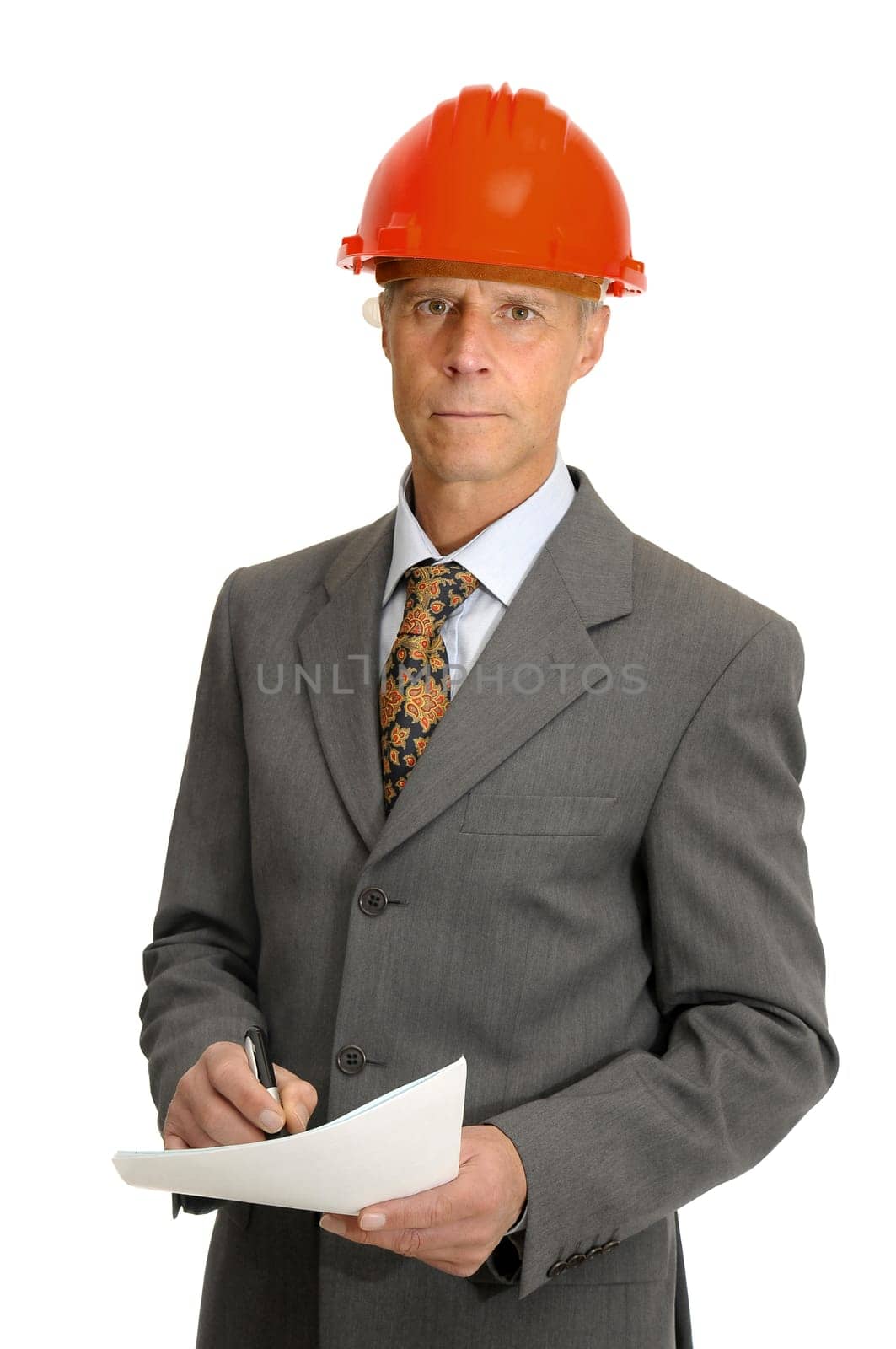 Mature engineer isolated in white