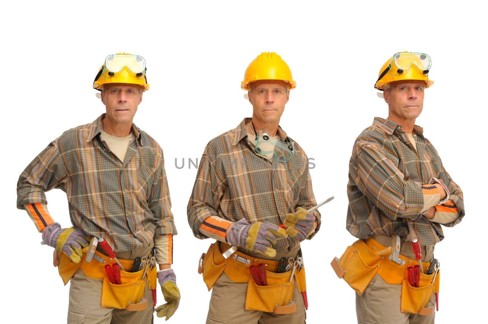 Workerin several positions with hat isolated in white