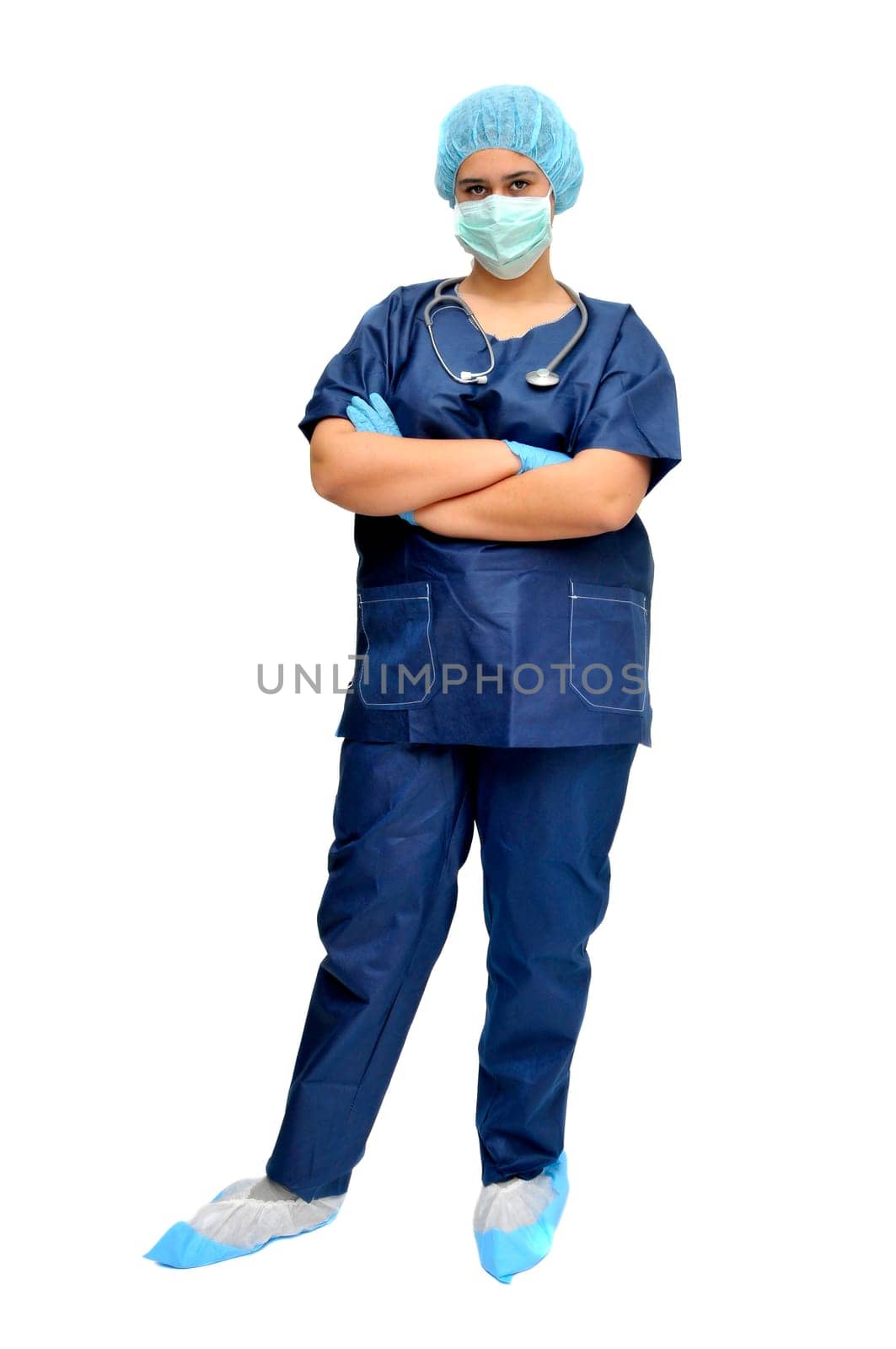 Young female doctor isolated in white