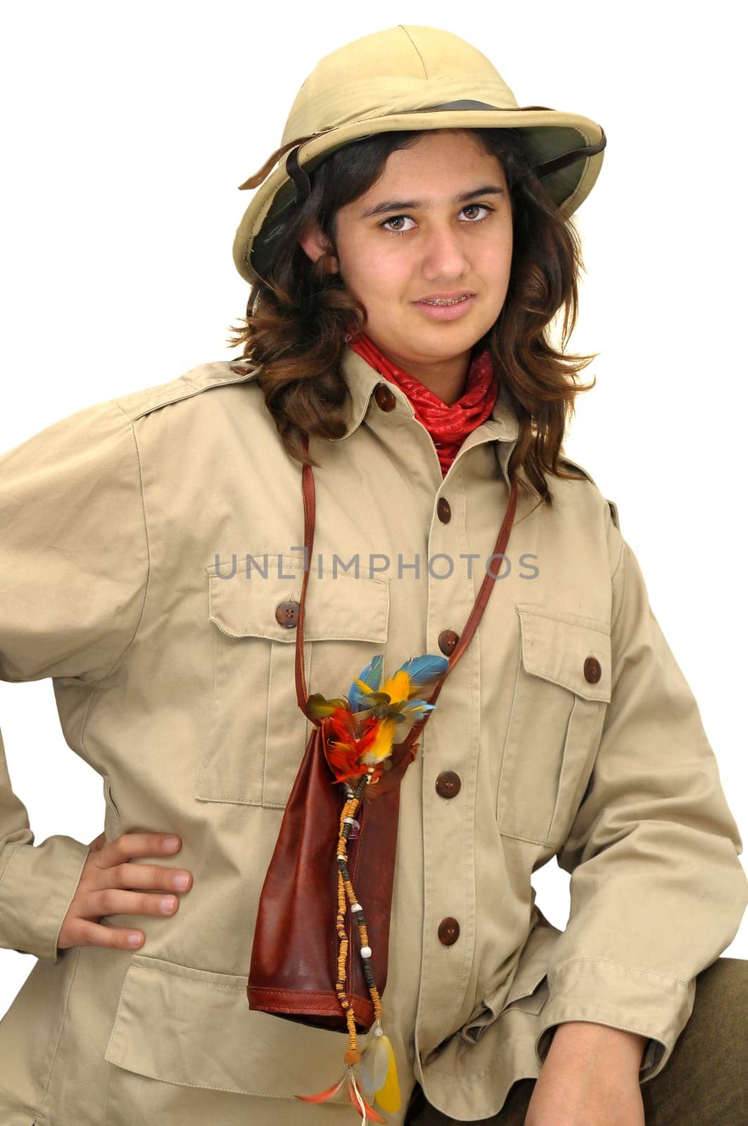 Young girl explorer isolated in white