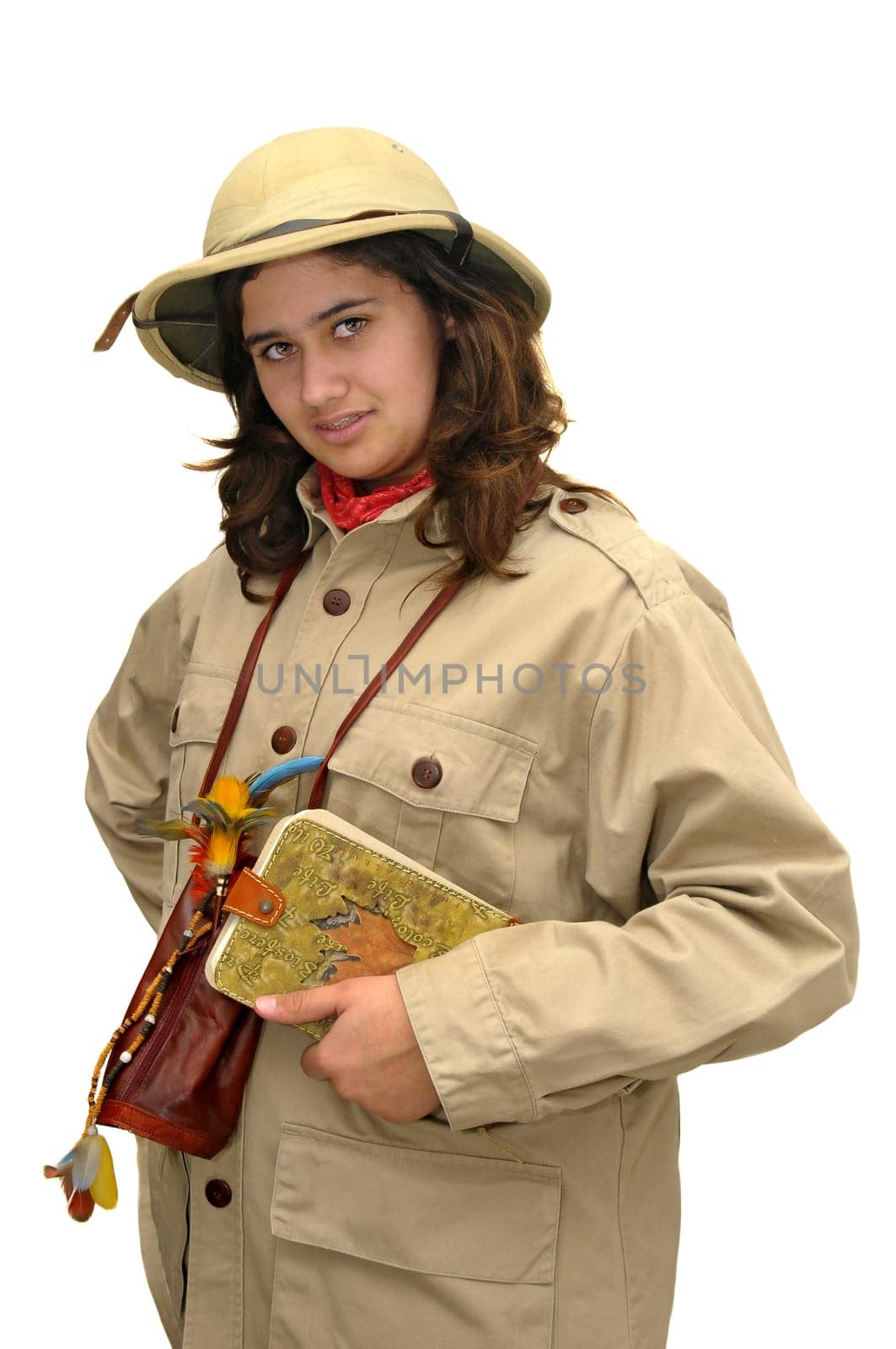 Young girl explorer isolated in white