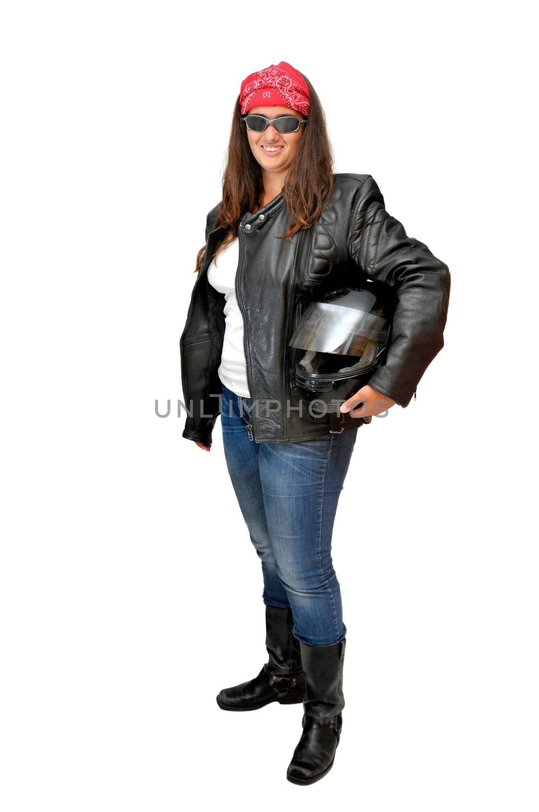 Beautiful young biker isolated in white