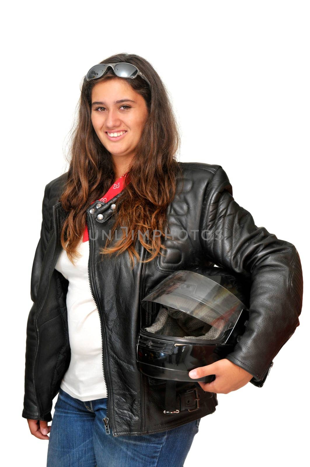 Young girl biker with helmet isolated in white