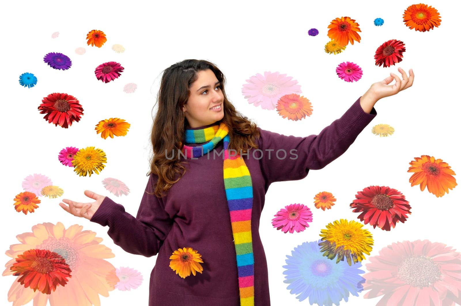 Beautiful teen with flowers isolated in white