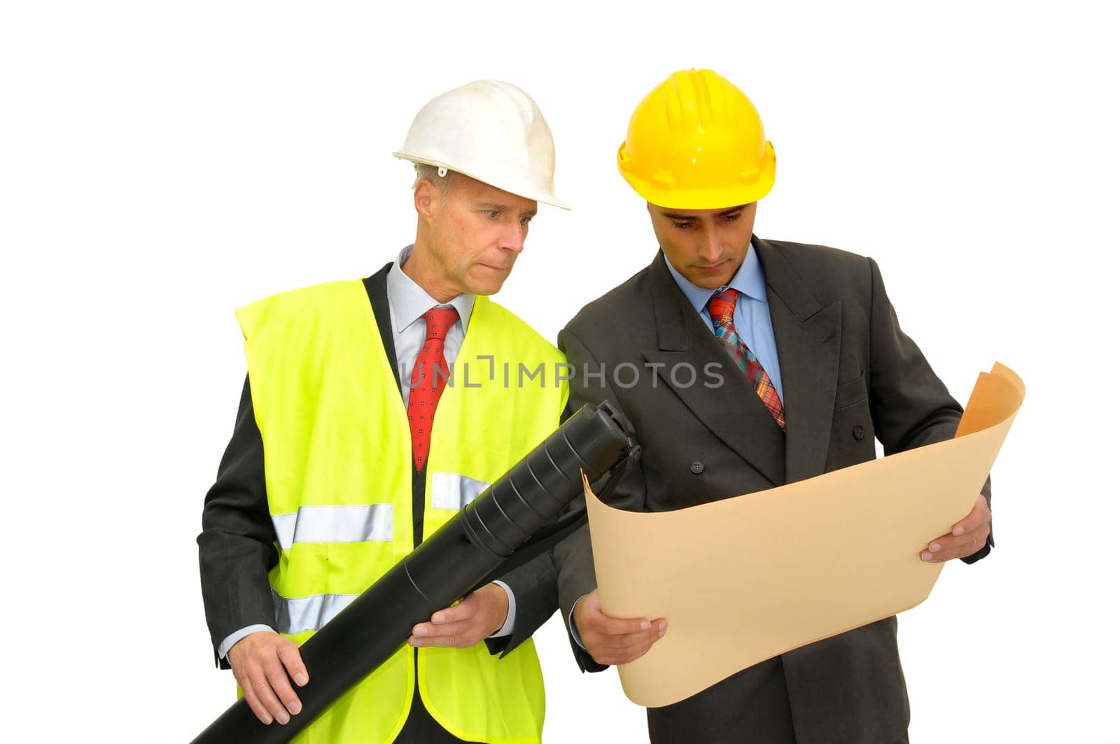 Two engineers isolated against a white background